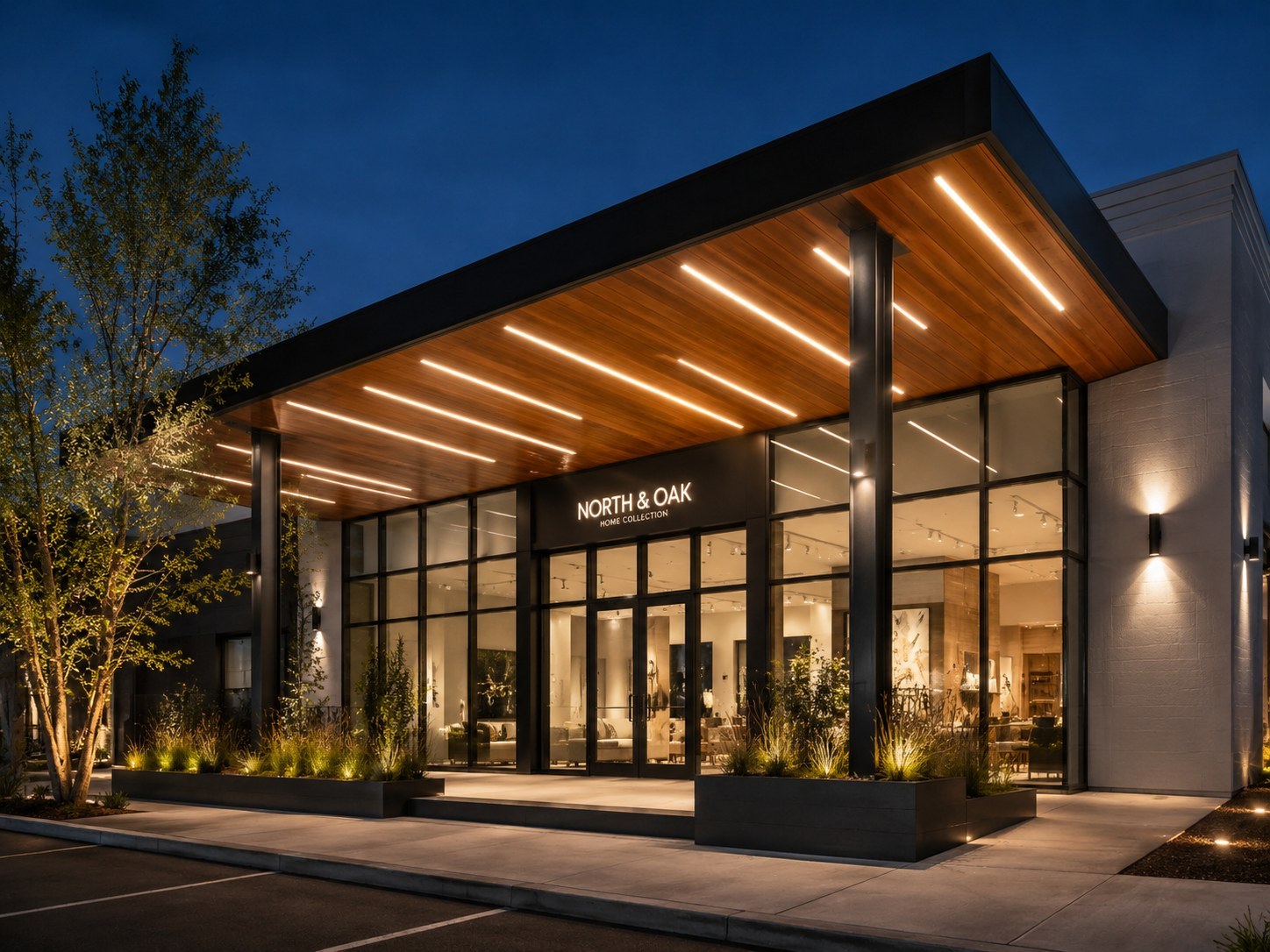 Commercial canopy with wood-look soffit and LED strips